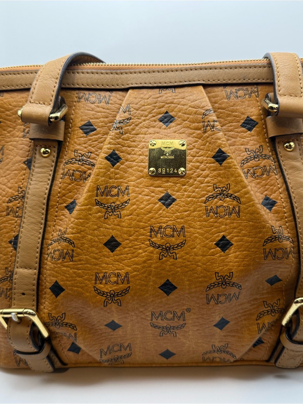MCM Cognac Visetos Monogram Satchel with Gold Plaque